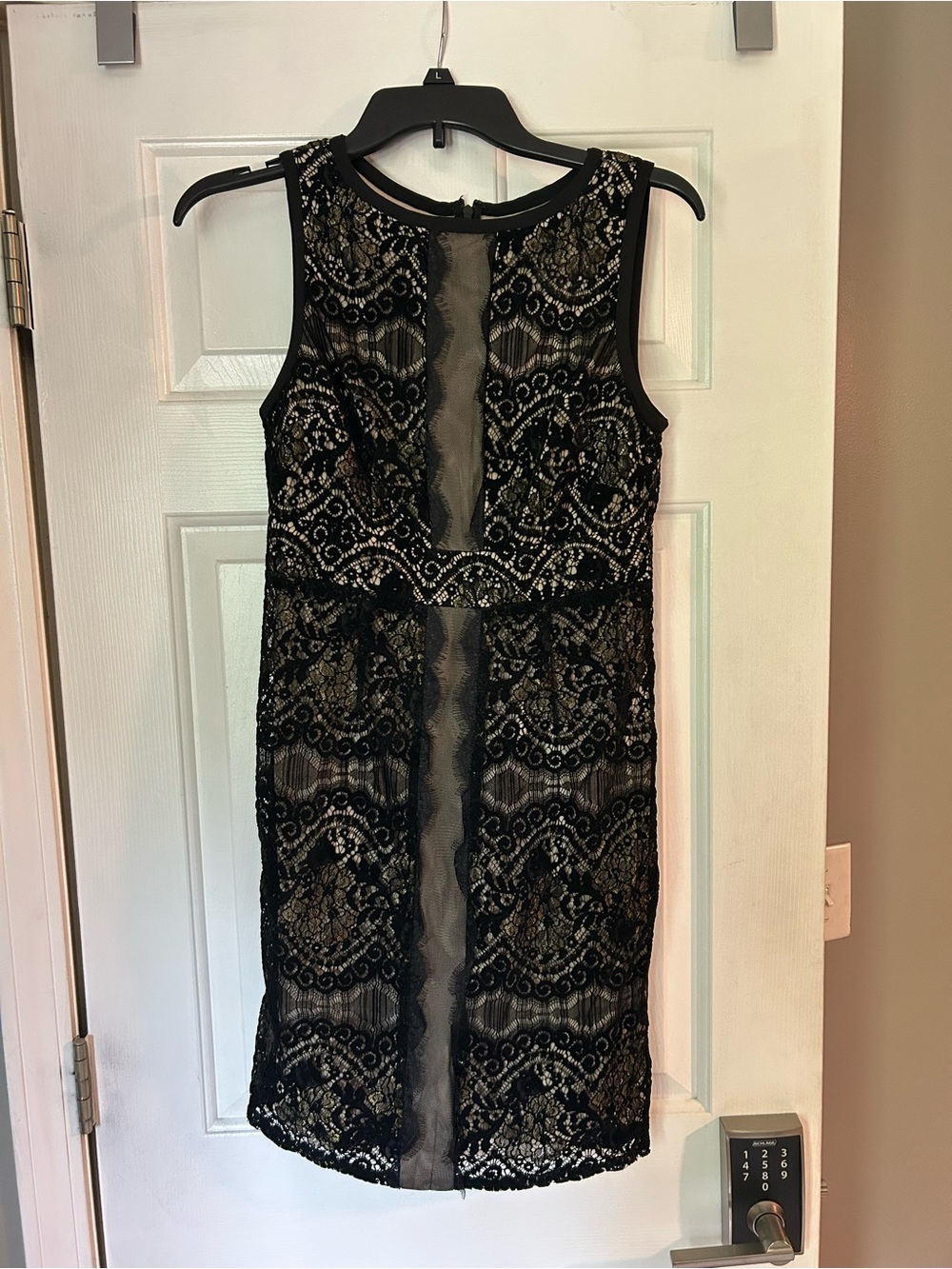 Adrianna Papell Black Lace Midi Dress with Sheer Center Panel